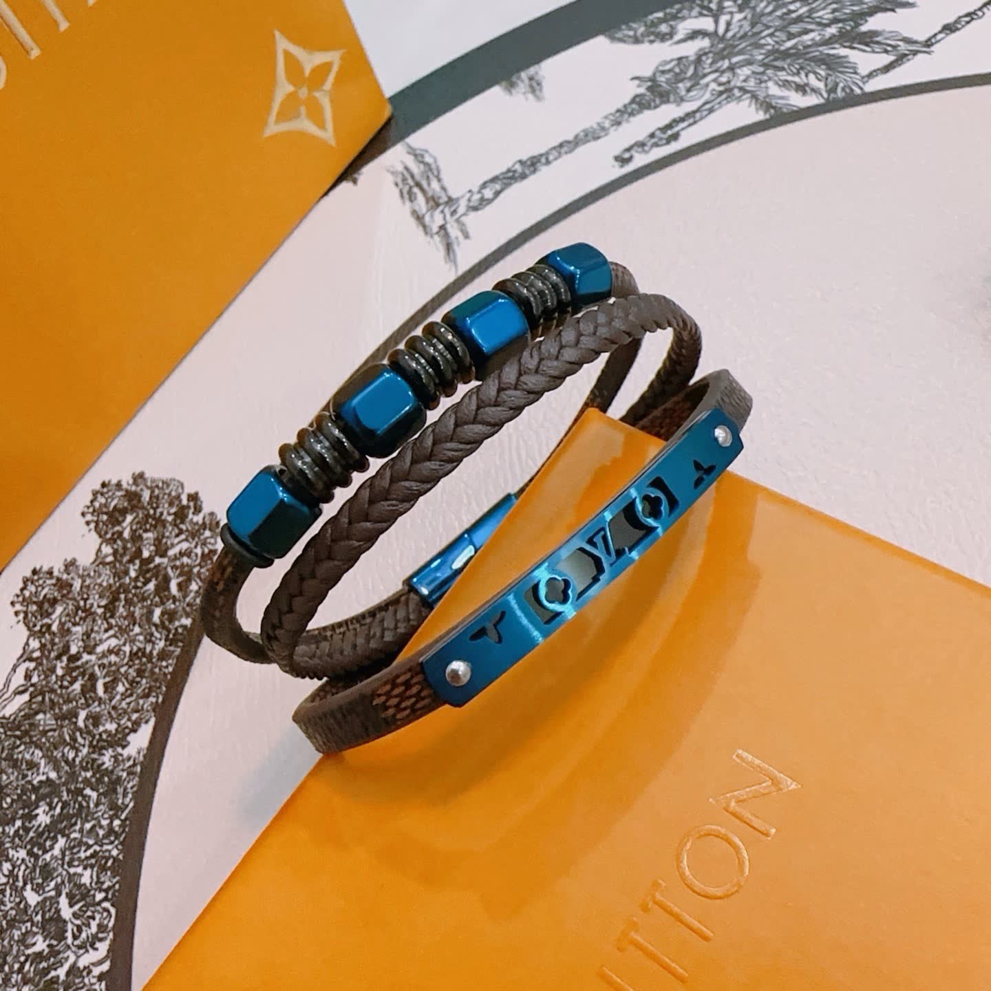 Louis Vuitton Brown Leather and Blue Bead Bracelet Louis Vuitton Brown Leather and Blue Bead Bracelet